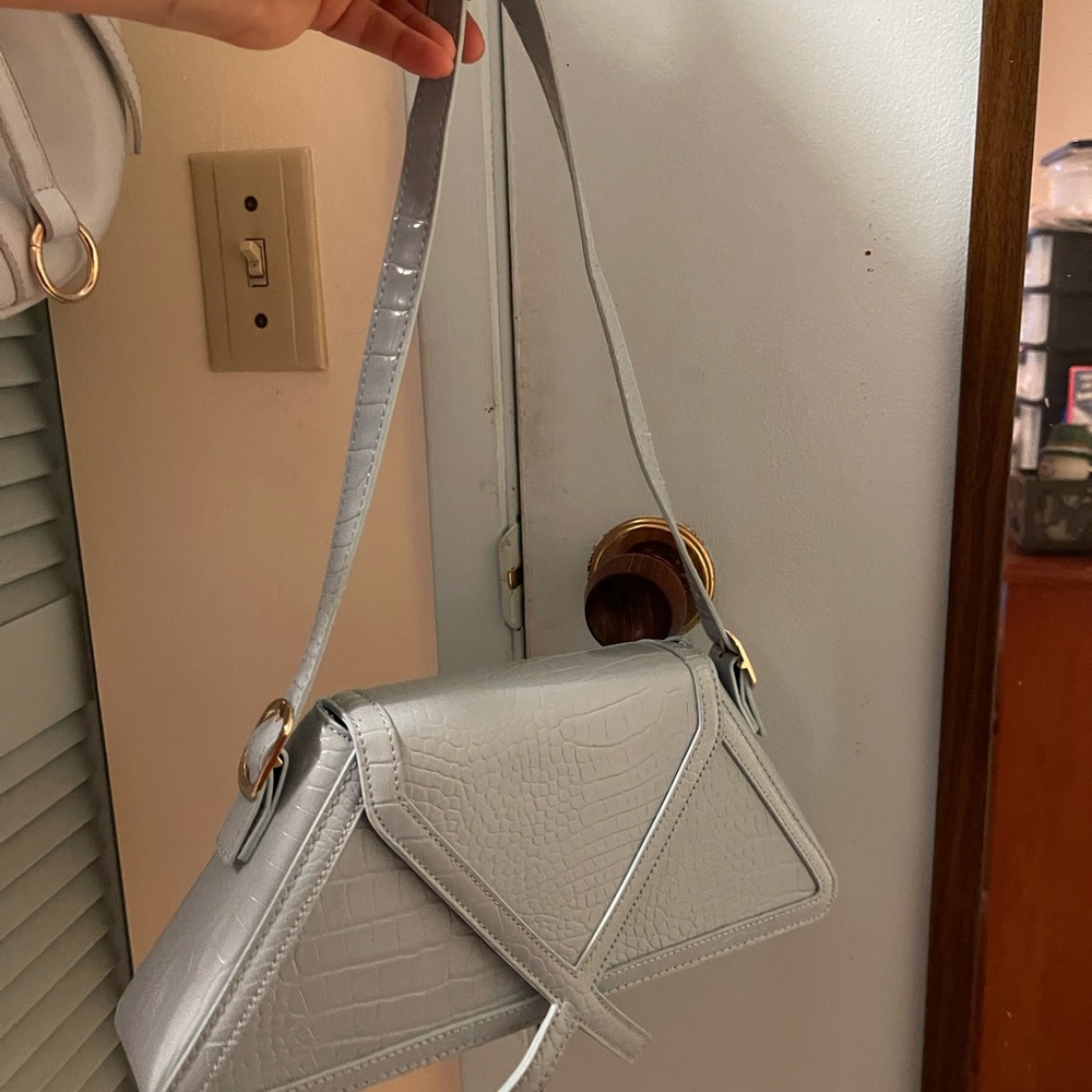 Light Blue Crocodile-Embossed Shoulder Bag